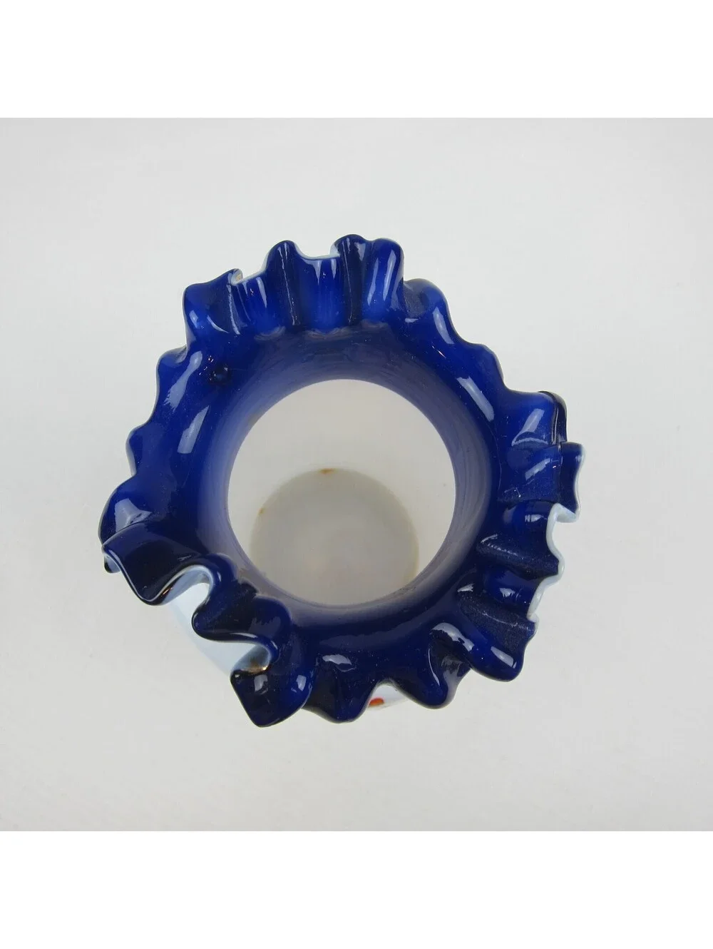 Antique Blue Opaline Glass Vase Hand Painted Floral Design Ruffled Double Crimp